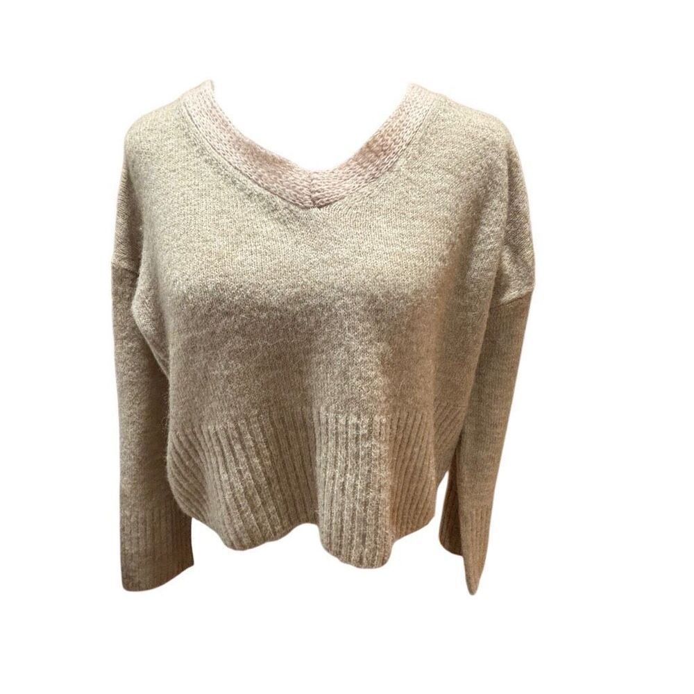 Top Shop Cropped Sweater Oatmeal Beige Contrast Mohair/Wool Trim V-Neck Woman 2
